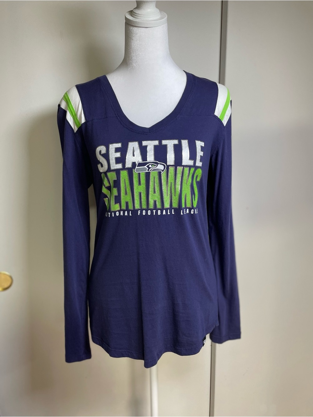 47 Women’s Seattle Seahawks Navy Long-Sleeve V-Neck Tee with Neon Green Accents